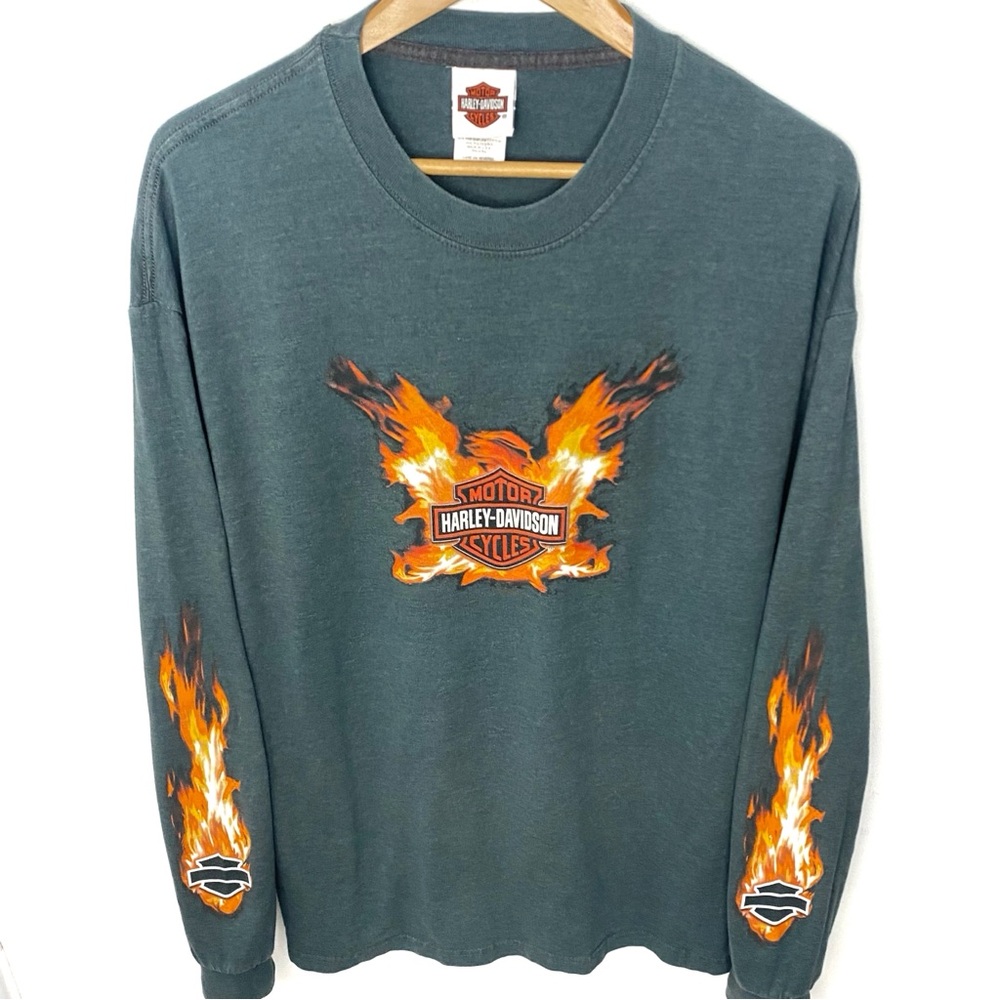 Vintage Y2K Harley Davidson Motorcycles Gray Long Sleeve Flames T Shirt Size XL